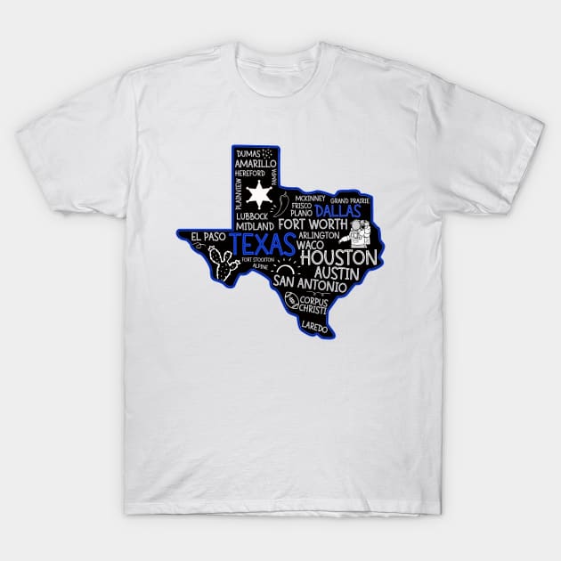 Dallas Texas cute map San Antonio Austin Fort Worth El Paso Dallas TX state T-Shirt by BoogieCreates